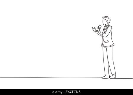 Durchgehende einzeilige Zeichnung des TV-Nachrichtensprechers. Nachrichtensprecher, der die Nachrichten mit einem Reporter live auf dem Bildschirm sendet. Journalist oder Reporter, der Microp hält Stock Vektor