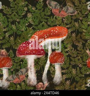 Rote Fliegenpilze, Waldfarnzweige, Schmetterlinge und Schnecken. Nahtloses Muster auf dunklem Hintergrund zum Drucken auf Stoff und Papier. Digitale Kunst. Stockfoto