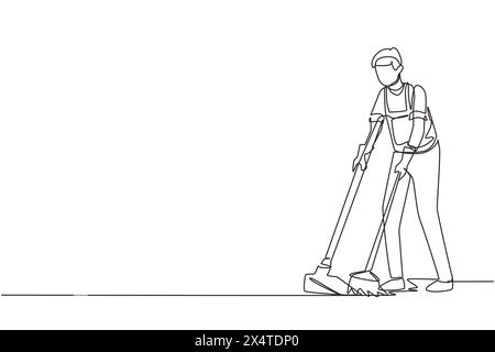 Einzelne durchgehende Linienzeichnung männlicher Housekeeping-Arbeiter mit Besen und Kehrschaufel. Junger Hausmeister, der den Boden mit Besen fegt, einen Schmutzfänger hält, Profi Stock Vektor