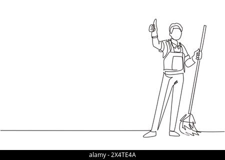 Einzelne durchgehende Linienzeichnung lächelnder männlicher Mitarbeiter der Reinigungsfirma, der Besen hält und die Daumen nach oben zeigt. Viel Spaß beim Putzen. Reinigungskompan Stock Vektor