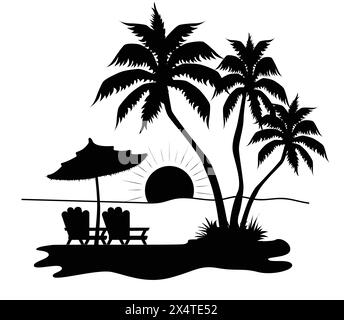Palmen mit zwei Liegestühlen und einem Sonnenschirm mit untergehender Sonne Illustrator Stock Vektor
