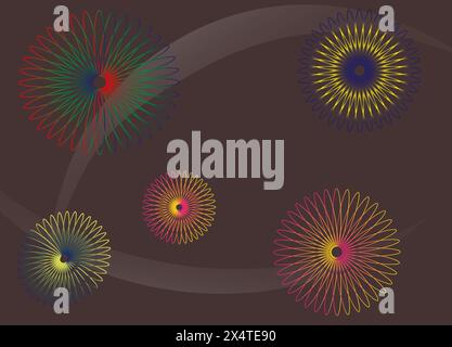 Set mit verdrehten farbigen Spiralen. 3D-Geometrie. Abstrakter Hintergrund mit Spiralkunst in Kreisform. Geometrisches Fraktalelement des Vektors. Stock Vektor