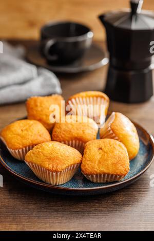 Magdalenas die typisch spanischen Muffins auf Teller auf einem Holztisch. Stockfoto