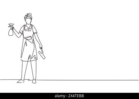 Einzelne durchgehende Zeichnerin Frau, die das Haus reinigt, das Fenster mit Waschmitteln abwischt, Spezialzubehör. Reinigung und Sauberkeit von Stock Vektor