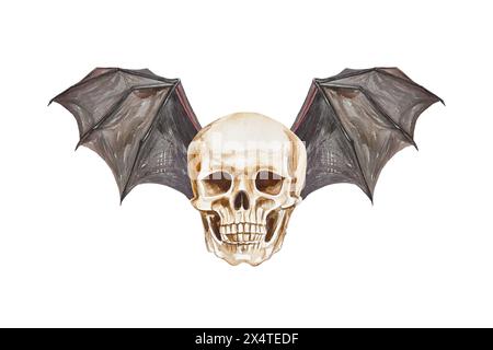Menschlicher Schädel mit Fledermausflügeln. Handgezeichnete Aquarellillustration isoliert auf weißem Hintergrund. Für Halloween-Karten, Einladungen, Cover, Flyer, Poster Stockfoto