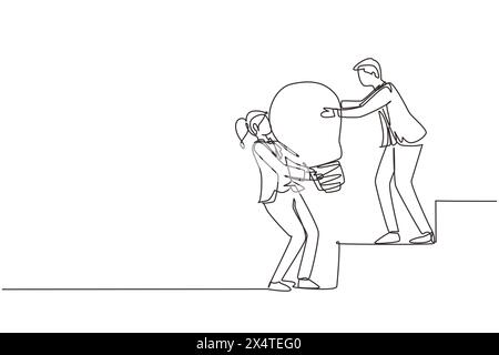 Eine Frau, die eine durchgehende Linie zeichnet, hilft dem Mann, die Glühbirne auf der Treppe anzuheben. Geschäftsidee, Teamarbeit, Zielerreichung, Lösung, Erfolg, Gewinner Stock Vektor
