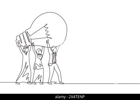 Durchgängiges Konzept für eine Linienzeichnung mit gemeinsamer Teamarbeit, Aufbau eines Geschäftsteams. Arabische Männer Frauen halten und heben die Glühbirne. Ideengenerierung, kreative Suche Stock Vektor