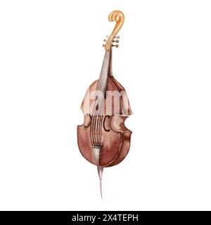 Klassisches Kontrabass-Musikinstrument. Klassische Streicher Viola da Gamba. Handgezeichnete Aquarellillustration isoliert auf weißem Hintergrund. Für Sinfonie Stockfoto