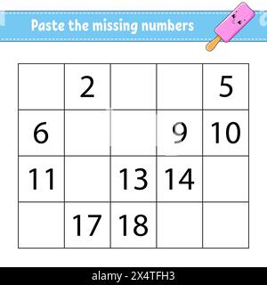 Fügen Sie die fehlenden Zahlen 1-20 ein. Spiel für Kinder. Handschriftenpraxis. Zahlen für Kinder lernen. Arbeitsblatt zur Entwicklung von Bildungsmaßnahmen. Aktivität". Vec Stock Vektor