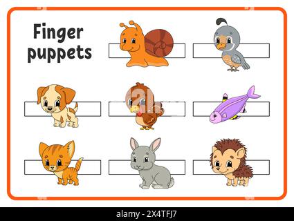 Fingerpuppen. Aktivitäten für Kinder. Niedliche Zeichentrickfiguren. Vektorabbildung. Stock Vektor