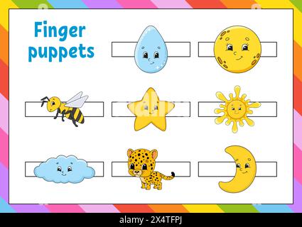 Fingerpuppen. Aktivitäten für Kinder. Niedliche Zeichentrickfiguren. Vektorabbildung. Stock Vektor