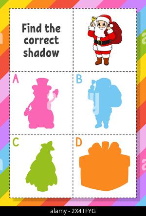 Suchen Sie den richtigen Schatten. Arbeitsblatt zur Entwicklung von Bildungsmaßnahmen für Kinder. Puzzlespiel. Aktivität". Zeichentrickfigur. Vektorabbildung. Stock Vektor