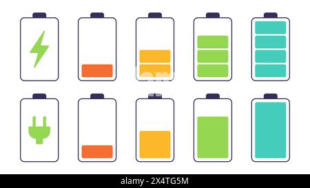 Sammlung verschiedener Akkuladeanzeigen auf weißem Hintergrund. Schilder zum Aufladen der Batterie. Vektorabbildung Stock Vektor