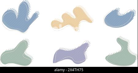 Kollektion aus organisch unregelmäßiger Blob-Form mit dekorativen Streifen und Strichlinie. Gelber blauer zufälliger Verformungskreisfleck. Isolierter weißer Hintergrund Stock Vektor