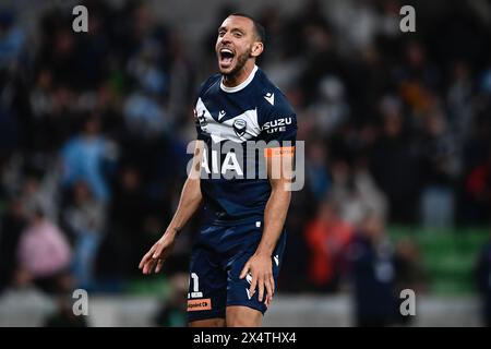 MELBOURNE, AUSTRALIEN. 5. Mai 2024. Im Bild: Der Portugiese Roderick Miranda (21) von Melbourne Victory schreit mit Freude, nachdem Melbourne Victory Melbourne City mit einem Elfmeterschießen 3-2 während der Eliminierungsserie A Liagues Soccer, Melbourne Victory FC gegen Melbourne City FC im AAMI Park von Melbourne City aus der Finalserie geschlagen hat. Quelle: Karl Phillipson/Alamy Live News Stockfoto