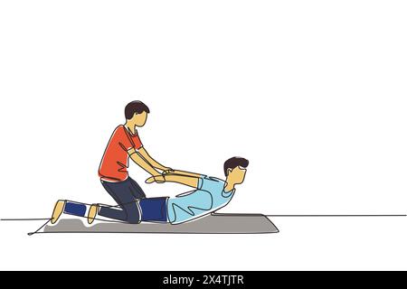 Einmaliger, durchgehender Linienzieher, der Massagetherapie praktiziert. Mann Patient genießt Wellness Spa Körperbehandlung. Rehabilitation, ph Stock Vektor