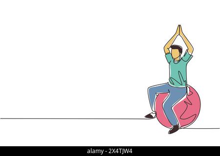 Einzelne kontinuierliche Linienzeichnung physiotherapeutische Rehabilitation isometrische Zusammensetzung mit männlichem Patienten, der auf dem Gummiball sitzt und beide Hi-Heben hebt Stock Vektor