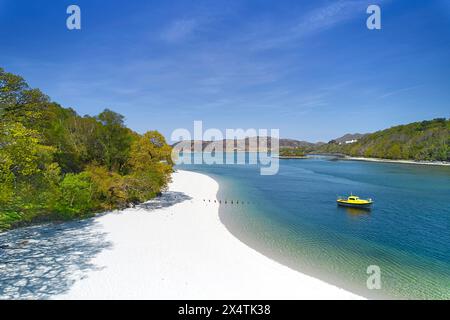 Silver Sands of Morar Highland Scotland Bäume im Frühling und Strand mit Fluss Moidart und Meer bei Flut Stockfoto