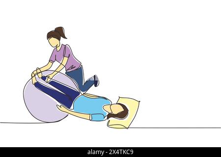 Durchgehende Einzeichenphysiotherapeutische Rehabilitationsisometrische Zusammensetzung mit auf Matte liegendem Weibchen, Beine auf Gummiball mit medizinischer Assistentin. H Stock Vektor