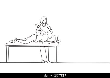 Einzelne durchgehende Linie zeichnende Frau Patientin auf Massagetisch Therapeutin tut Heilbehandlung Massagen verletzte Hand manuelle Physiotherapie r Stock Vektor