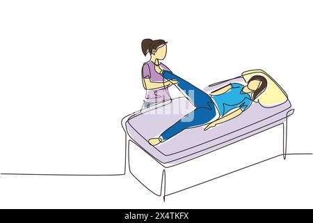 Einmaliger Therapeut für kontinuierliche Linienzeichnung hilft der Patientin, das Bein für die Bewegung anzuheben. Physikalische Therapie. Rehabilitationszentrum. Passiv A Stock Vektor