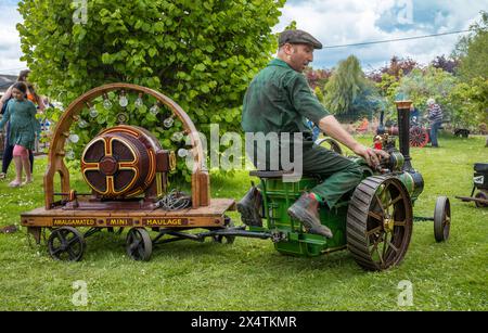 Ein Enthusiast fährt einen Miniatur-dampfbetriebenen Traktionsmotor und zieht einen Anhänger mit einem elektrischen Dynamo an der South Downs Steam Railway in Pulborough, Wes Stockfoto