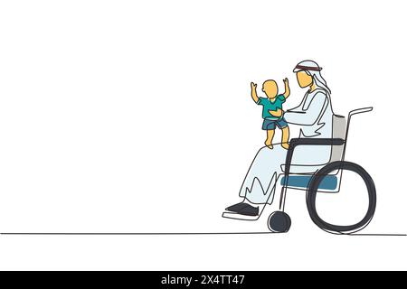 Eine einzige Linie zeichnet einen glücklichen behinderten Vater mit seinem Kind. Ein arabischer Mann mit Behinderung, der das Baby in den Armen hält. Familienkonzept. Körperliche Behinderung Stock Vektor