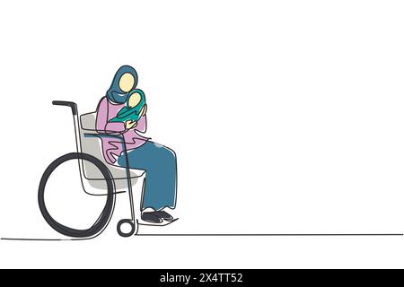 Durchgehende einzeilige Eltern mit neugeborenem Kind. Arabische Frau hält Baby im Rollstuhl. Behinderte Frau, die das Baby in den Armen hält. Familie lä Stock Vektor