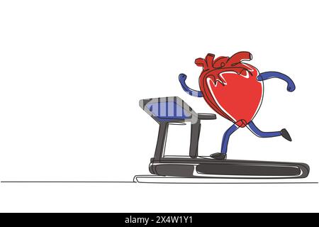 Durchgehende Linie, die süße, lustige Herzorgel auf dem Laufband zieht. Herz-Organ-Workout, Sport, Fitness, Cardio-Lauf, Ausdauer Charakterkonzept. S Stock Vektor
