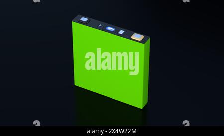 Grüne prismatische Zelle, rechteckige Lithium-Ionen-Phosphat-LFP-Batterie für moderne Elektrofahrzeuge und Energiespeicher, 3D-Rendering Stockfoto
