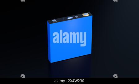 Blaue prismatische Zelle, rechteckige Lithium-Ionen-Phosphat-LFP-Batterie für moderne Elektrofahrzeuge und Energiespeicher, 3D-Rendering Stockfoto