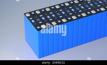 prismatische Zellen, rechteckige Lithium-Ionen-Phosphat-LFP-Batterien für moderne Elektrofahrzeuge und Energiespeicher, 3D-Rendering Stockfoto