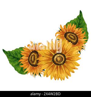 Aquarell Sonnenblumenstrauß, Blumenarrangement, gelbe Blumenkomposition. Handgezeichnete botanische Illustration. Sommerblumenzeichnung. Herbst Stockfoto