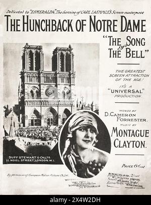 Britische Noten von 1924 für das Lied der Glocke, das der ESMERALDA gewidmet ist, gespielt von PATSY RUTH MILLER, der Heldin VON Carl Laemmles Screen-Meisterwerk THE BUCKBACK OF NOTRE DAME 1923 mit LON CHANEY als Quasimodo-Regisseur WALLACE WORSLEY Roman Victor Hugo Universal Pictures Stockfoto