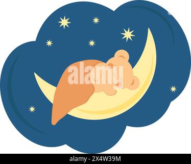 Niedlicher kleiner Bär im Kawaii-Stil schläft unter einer Decke auf dem Mond auf blauem Hintergrund. Minimalistische Universalkarte. Vektorbild. Stock Vektor