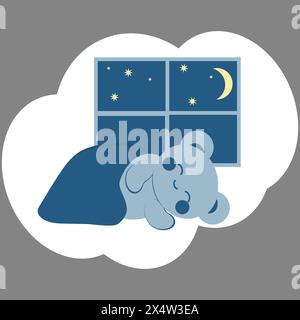 Der süße blaue Teddybär im Kawaii-Stil schläft unter einer Decke. Im Hintergrund ist ein Fenster mit Nachthimmel, Mond und Sternen. Minimalistische Universalkarte. Vektorbild. Stock Vektor