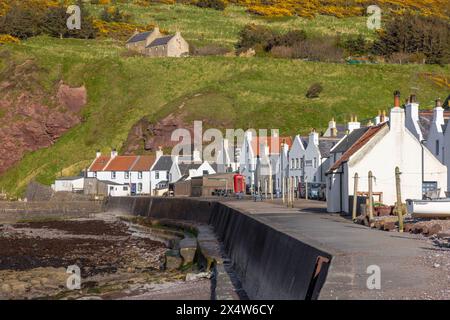 Pennan, ein winziges Fischerdorf in Aberdeenshire im Nordosten Schottlands in der Nähe von Fraserburgh, mit traditionellen Hütten. Stockfoto