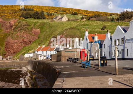 Pennan, ein winziges Fischerdorf in Aberdeenshire im Nordosten Schottlands in der Nähe von Fraserburgh, mit traditionellen Hütten. Stockfoto