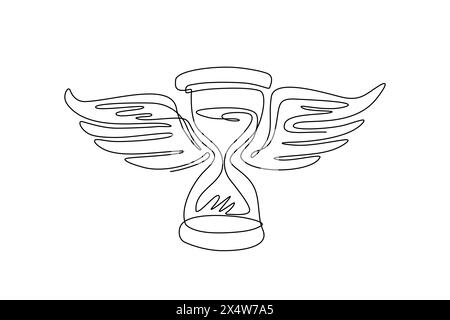 Die Zeit für die kontinuierliche Zeichnung einer Linie verfliegt. Sanduhr mit Flügelzeichnung, Zeitvertreib-Konzept. Handgezeichneter Vintage-Stil. Sandglas mit Vogelflügeln. Singen Stock Vektor