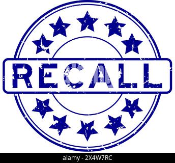 Grunge blaues Rückrufwort mit Sternsymbol rundem Gummisiegelstempel auf weißem Hintergrund Stock Vektor
