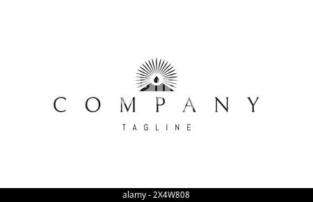 Ein Vektor-Logo mit einem abstrakten Bild eines Berges mit einem Tropfen darüber vor dem Hintergrund der Sonne. Stock Vektor