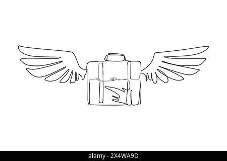 Aktentasche mit durchgehender Linienzeichnung und flachem Logo für Flügel. Reisekoffer im Flug isoliert. Symbol für Tourismus, Gepäck und Reise. Dynami Stock Vektor