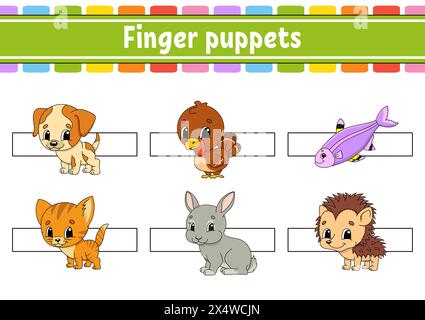 Fingerpuppen. Aktivitäten für Kinder. Niedliche Zeichentrickfiguren. Vektorabbildung. Stock Vektor