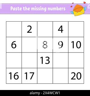 Fügen Sie die fehlenden Zahlen 1-20 ein. Spiel für Kinder. Handschriftenpraxis. Zahlen für Kinder lernen. Arbeitsblatt zur Entwicklung von Bildungsmaßnahmen. Aktivität". Vec Stock Vektor