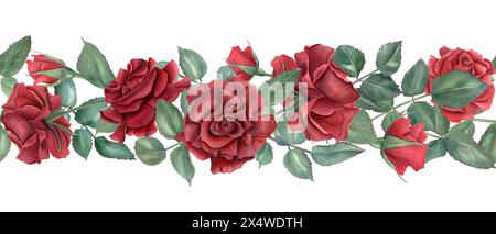 Rand mit roten Rosen. Rubinblüten und grüne Blätter. Ineinandergreifende Rosenstämme mit Knospen. Blühende Sommerpflanzen. Nahtlos verziert. Stockfoto