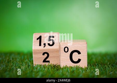 Symbol zur Reduzierung der globalen Erwärmung. Ein rotierender Holzwürfel mit dem Symbol „2 C“, der sich in „1,5 C“-Konzept verwandelt. Begrenzung der globalen Erwärmung oder umgekehrt. Gras Stockfoto