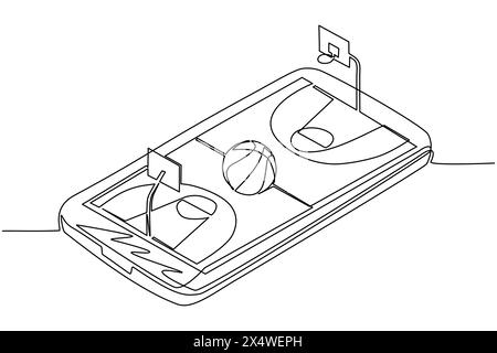 Online-Konzept für kontinuierliches Zeichnen von einer Linie. Isometrisches Basketballfeld, Ball und Anzeigetafel auf dem Smartphone-Bildschirm. Online-Warenkorb Stock Vektor