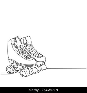 Einzelne durchgehende Linienzeichnung mit einem Vintage-Logo im Retro-Stil mit Quad-Rollschuhen. Quad Rollschuhe mit weißen Schnürsenkeln im Skizzenstil. O Stock Vektor