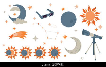 Sonnenfinsternis Set, Astronomie Konzept. Illustration der Sonnenfinsternisstadien, Mond, Sonne, Teleskop isoliert auf weißem Hintergrund. Vektorentwurzelemente Stock Vektor