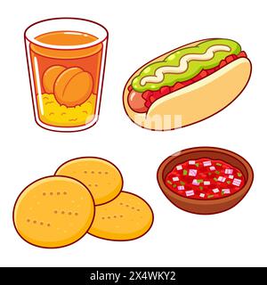 Traditionelles chilenisches Street Food. Completo Hot Dog, Mote con huesillo (Pfirsichgetränk), Sopaipillas con pebre. Zeichentrickzeichnung, isolierte Vektorillustraten Stock Vektor